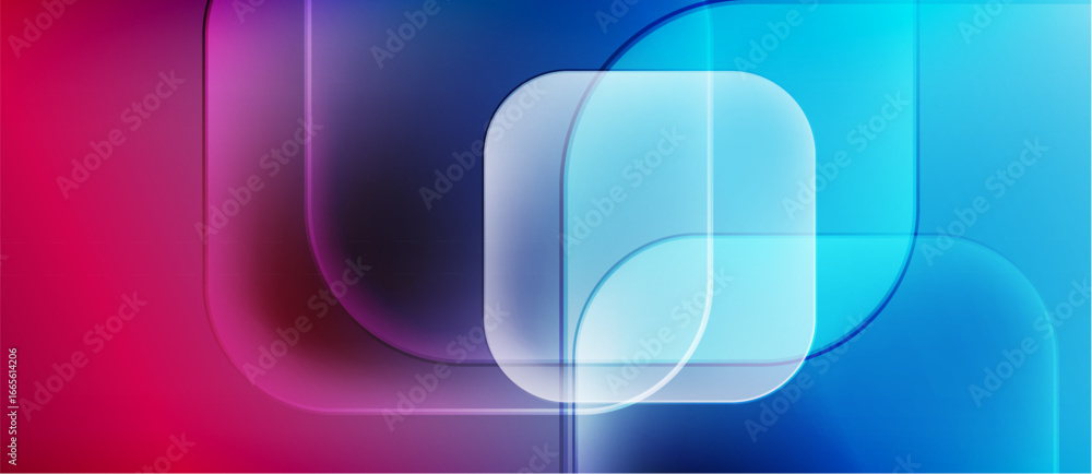 Poster abstract background features layered rounded squares. gradient transitions from pink to blue create 