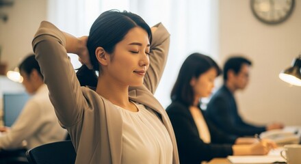 リフレッシュタイム：デスクワークの合間に軽くストレッチをする日本人女性社員