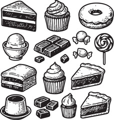 vintage hand-drawn set of sweets and desserts
