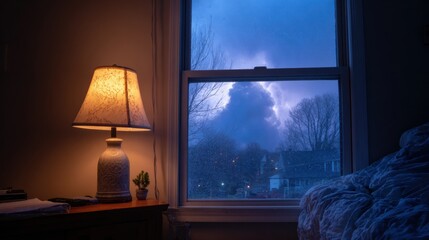 Lightning Illuminating a Cozy Bedroom While Storm Clouds Gather Outside at Night