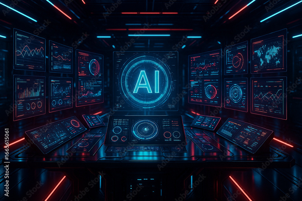 Poster advanced ai control center displays data analytics, global maps, and futuristic interfaces