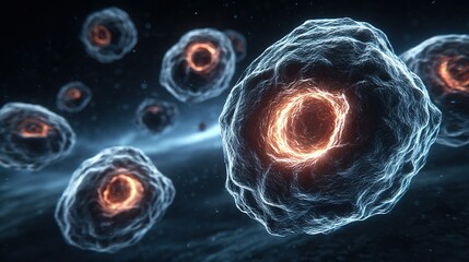 Microscopic view of cells with glowing centers floating in a dark background.
