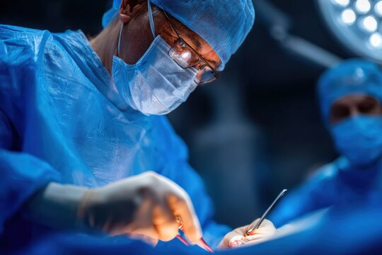 Surgeon concentrating on performing a surgical operation using surgical instruments in a modern operating room