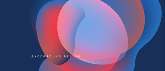 Abstract fluid shapes blend, creating vibrant color gradients. Blue, red hues dominate design, suggesting movement, energy.