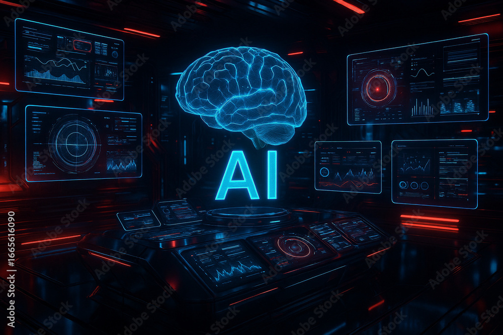 Poster futuristic ai control center showcases glowing brain and data screens for advanced technology concep