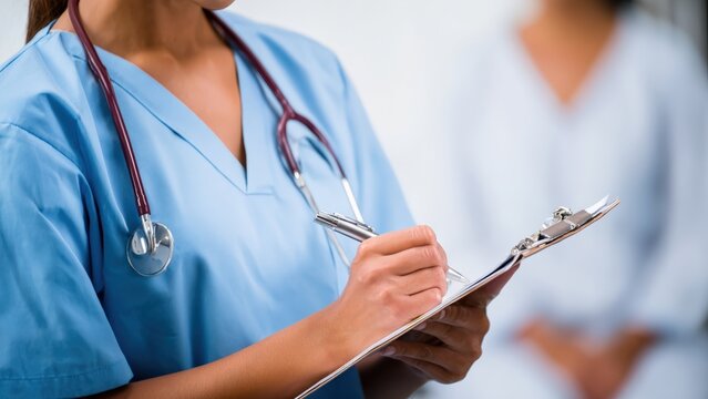 Close up of a female doctor with a stethoscope taking notes on a clipboard during a medical consultation with a patient