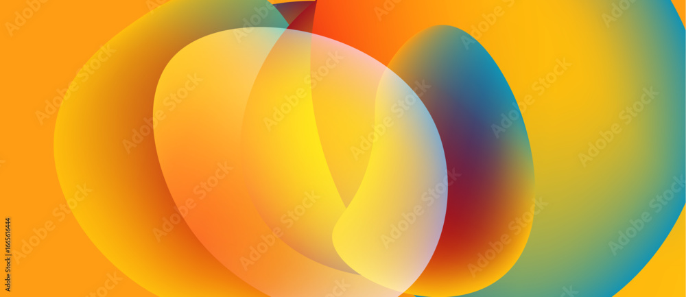 Poster abstract shapes overlap, creating vibrant color gradients. warm tones blend into cool blues, forming