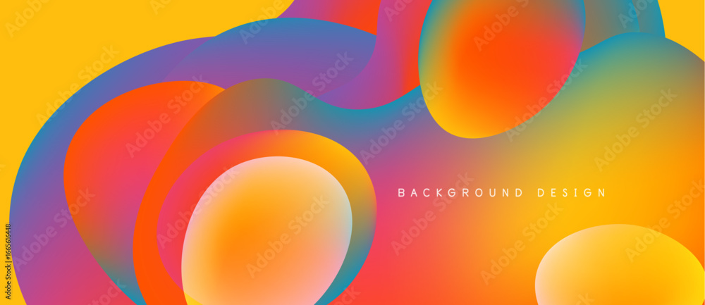 Poster abstract colorful shapes overlap, creating vibrant gradients. yellow background provides contrast. m