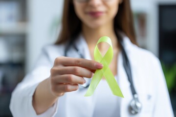 Female doctor showing lime green awareness ribbon, medical health care support for the awareness of many diseases and conditions