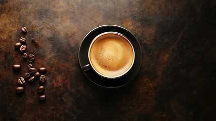 Aerial view of espresso in black cup  saucer with scattered coffee beans on dark textured surface - Powered by Adobe