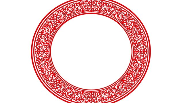 Ornate red circular frame with detailed floral design.
