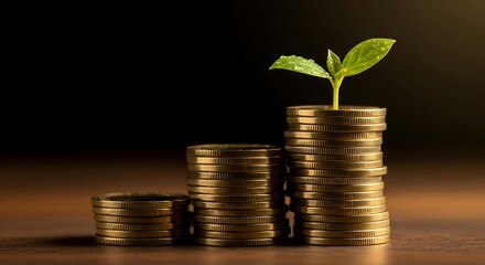 Three stacks of gold coins of increasing height, with a small green plant growing from the tallest stack.