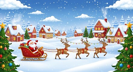 Santa claus flying in his sleigh pulled by reindeer over a snowy village at christmas