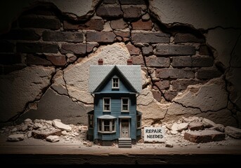 Miniature Damaged House With Repair Needed Sign Against Cracked Wall