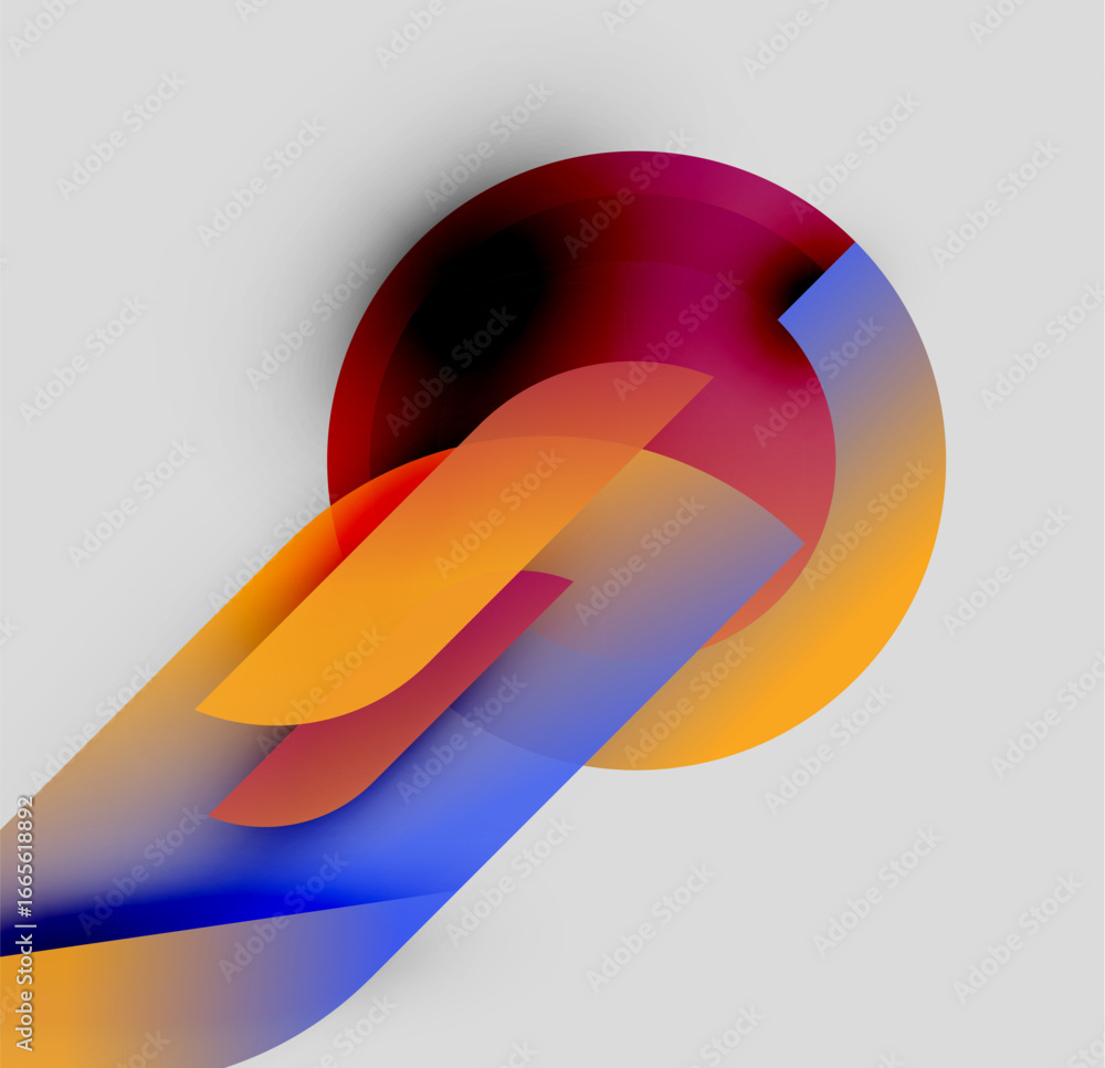 Poster abstract shapes overlap, creating vibrant color gradients. dynamic composition suggests movement, en