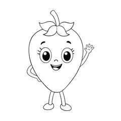 A cute cartoon strawberry with a sweet smile, big eyes, and a green leafy top, happily presenting with her hand in a friendly gesture, full of charm and joy.
