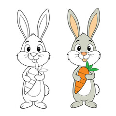Adorable rabbit cartoon holding a big carrot, drawn in simple vector style. Perfect as a fun and cute coloring page for kids, sparking joy and creativity.
