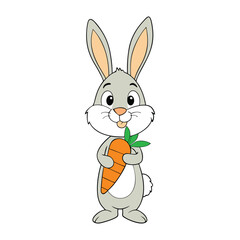 Adorable rabbit cartoon holding a big carrot, drawn in simple vector style. Perfect as a fun and cute coloring page for kids, sparking joy and creativity.

