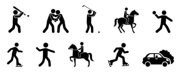 set of stickman silhouettes in sports and activity poses, depicting running, boxing, horse riding, and playing  vector