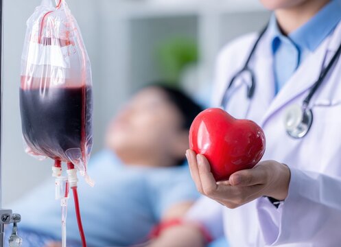 Doctor holding a red anatomical heart model with a patient receiving blood transfusion in the background, healthcare and medical concept