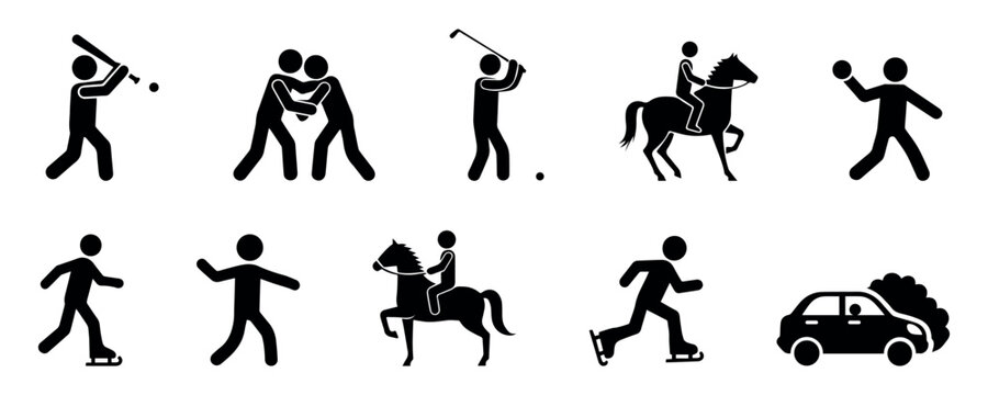 set of stickman silhouettes in sports and activity poses, depicting running, boxing, horse riding, and playing  vector