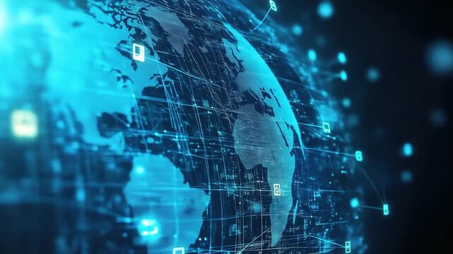 Blue digital globe with glowing icons and connected lines futuristic tech design on black - Powered by Adobe