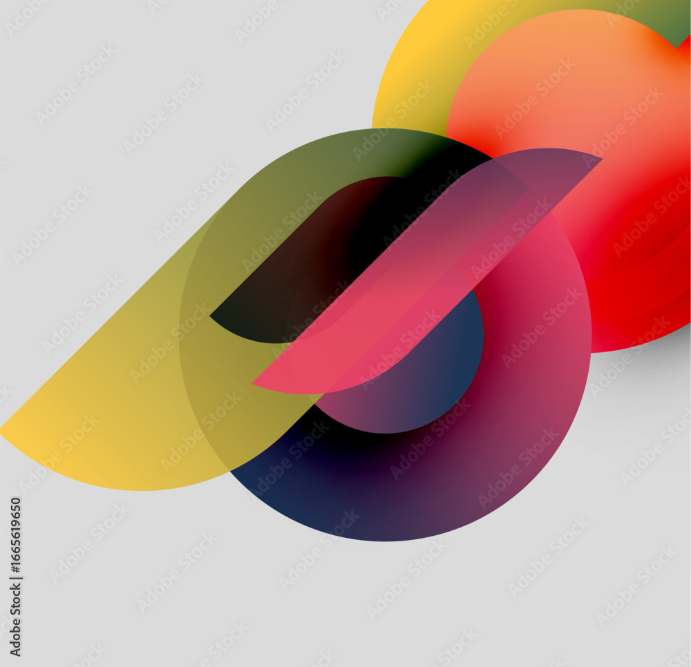 Poster abstract composition featuring overlapping colorful shapes. gradients create depth, dynamic visual e