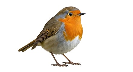 Fototapeta premium A charming european robin with its iconic red breast stands against a clean white background
