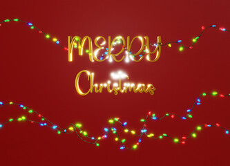 Christmas red background with realistic decoration from glass light garland. Merry Christmas Greeting card. Festive bright design. Image 3D rendering.