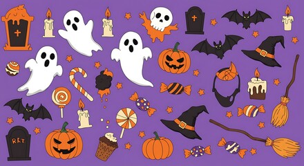 Fototapeta premium Whimsical Halloween Collection: A festive collection of illustrated Halloween elements on a captivating background. Embodying the spirit of the holiday.