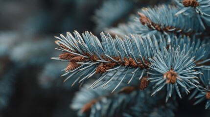 A closeup of a blue spruce branch shows its silverblue needles and small brown cones against a muted dark background