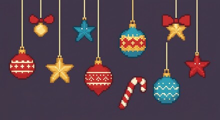 Pixel art of retro style Christmas ornaments, simple background