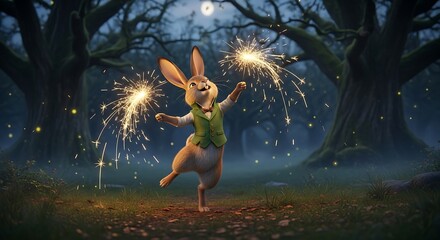 Happy Hare with Sparklers in Enchanted Forest at Night