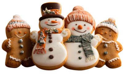 Snowman cookies and snowmen decorations, isolated on a transparent background, cutout PNG