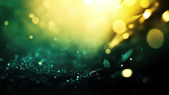 Blurred lowangle shot of leaves  dewcovered ground with soft yellow lighting  bokeh effects