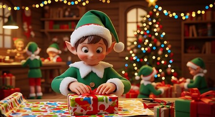 Cute christmas elf wearing green hat and suit wrapping gifts in festive workshop