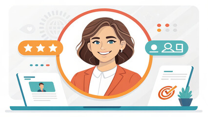 personal branding startups concept. Digital illustration of a professional woman with a laptop and social media icons.
