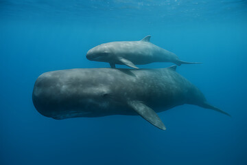 Obraz premium 親子のクジラ、水中の優雅な旅 - Whale Mother and Calf in Light-Filled Ocean