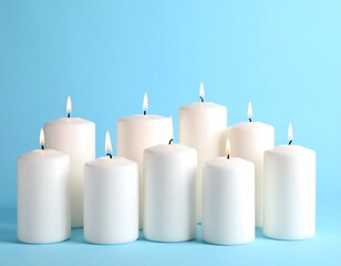 Eight White Candles Burning on Blue Background