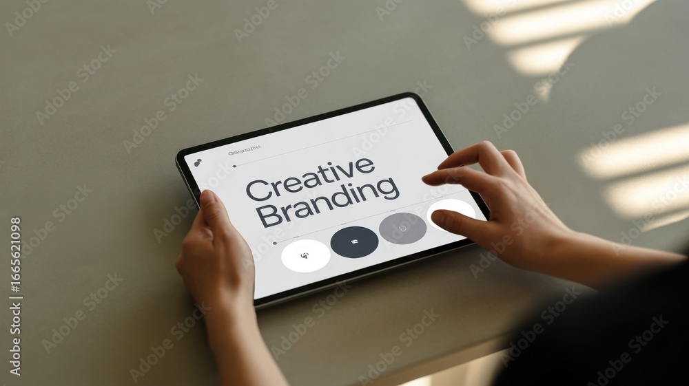 Poster personal branding startups concept. person using a tablet to explore creative branding concepts on a