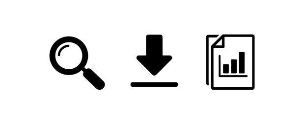 A magnifying glass, download arrow, and document with graph icons arranged horizontally in a row