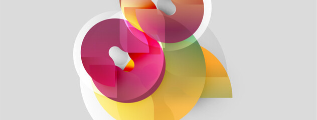 Fototapeta premium Abstract shapes overlap, creating vibrant color blends. Pink, orange, green hues dominate neutral background. Modern design element.