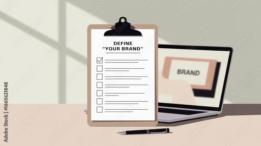 Poster personal branding startups concept. a clipboard with brand definition tasks next to a laptop display