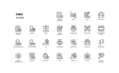 Firm icon set outline style for business and law