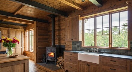 Cozy wooden kitchen with stove and scenic window view