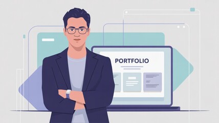 personal branding startups concept. Professional man with glasses standing confidently in front of a digital portfolio display.