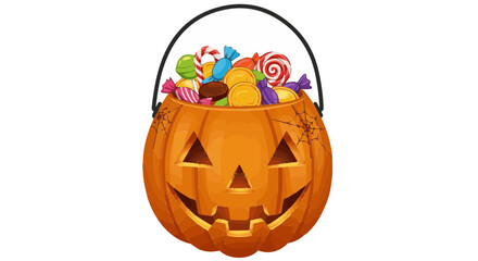 Halloween halloween pumpkin candy bucket filled with colorful sweets and treats for trick or treating celebration vector