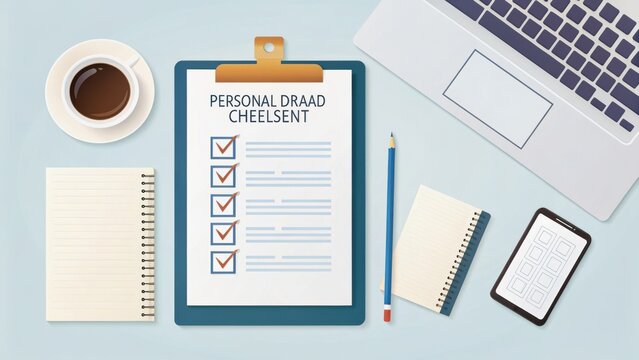 personal branding startups concept. Desk setup featuring a checklist, coffee, and stationery for productivity. - Powered by Adobe