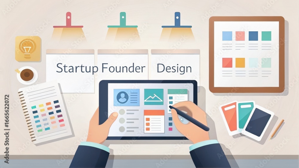 Poster personal branding startups concept. creative workspace for a startup founder working on design proje
