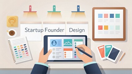 personal branding startups concept. Creative workspace for a startup founder working on design projects with digital tools and colorful materials.